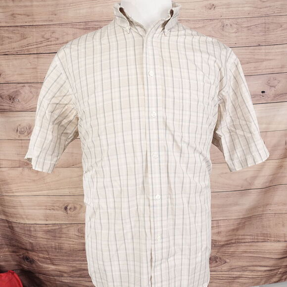 ROUNDTREE & YORKE SHORT SLEEVE BEIGE PLAID BUTTON DOWN SHIRT MENS SZ L - Picture 3 of 9